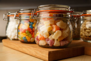 Close up of sweet jars full of jelly beans and jelly babies as part of mercure hotels meeting food offering